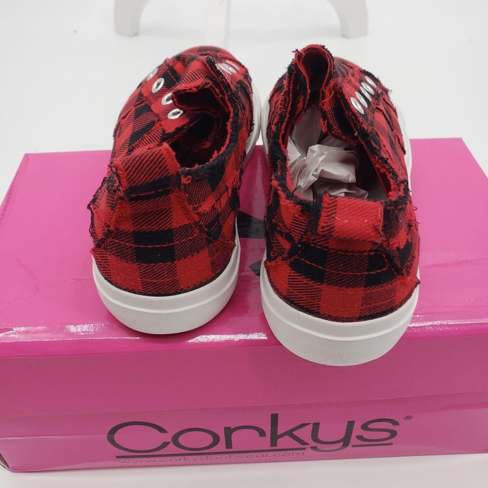 CORKYS Babalu Red Buffalo Plaid Slip On Sneakers Distressed Tennis Shoes 6-9 NWT - Picture 3 of 8